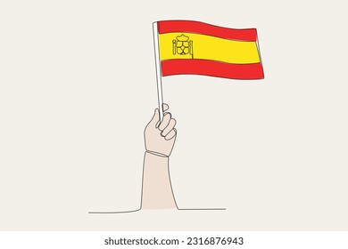 A hand raised the Spain flag. Flag one-line drawing