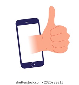 Hand with a raised thumb comes out of a smartphone