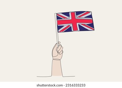 Una mano izó la bandera del Reino Unido. Dibujo de una línea de marca