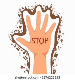 Die Hand wird auf dem offenen Palmtex-Stopp aufgezogen. Gegen Kriege und Propaganda. Vektorgrafik.