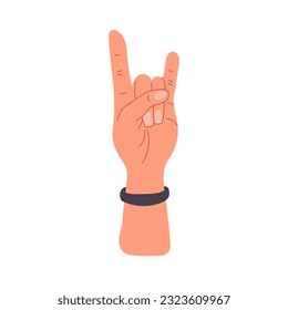 Hand raised up. Rock n Roll Hand Gesture Sign Unite. Human arms with accessories. Colored flat vector illustration isolated on white background