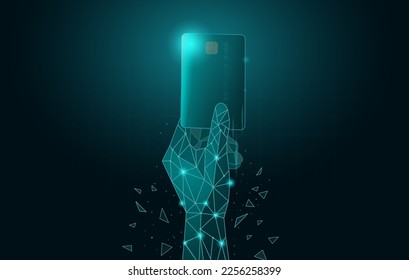 Hand raises fist with a credit card in to the air. Low poly Illustration in concepts about revolution financial technology.