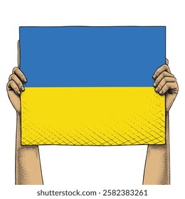 Hand Raises a Sign That Show Ukraine Flag drawn in Engraving Technique