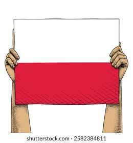 Hand Raises a Sign That Show Poland Flag drawn in Engraving Technique