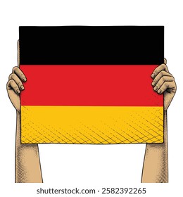 Hand Raises a Sign That Show Germany Flag drawn in Engraving Technique