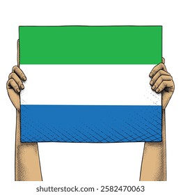 Hand Raises a Sign That Show Sierra Leone Flag drawn in Engraving Technique