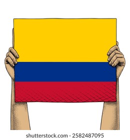 Hand Raises a Sign That Show Colombia Flag drawn in Engraving Technique