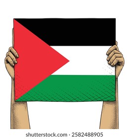 Hand Raises a Sign That Show Palestine Flag drawn in Engraving Technique