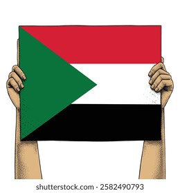 Hand Raises a Sign That Show Sudan Flag drawn in Engraving Technique
