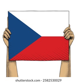 Hand Raises a Sign That Show Czech Flag drawn in Engraving Technique