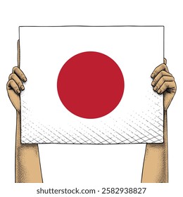 Hand Raises a Sign That Show Japan Flag drawn in Engraving Technique