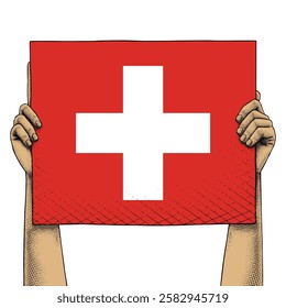 Hand Raises a Sign That Show Switzerland Flag drawn in Engraving Technique