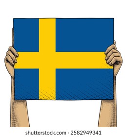 Hand Raises a Sign That Show Sweden Flag drawn in Engraving Technique