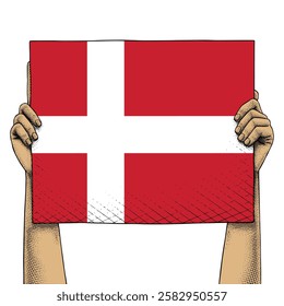 Hand Raises a Sign That Show Denmark Flag drawn in Engraving Technique