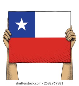 Hand Raises a Sign That Show Chile Flag drawn in Engraving Technique