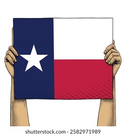 Hand Raises a Sign That Show Texas Flag drawn in Engraving Technique