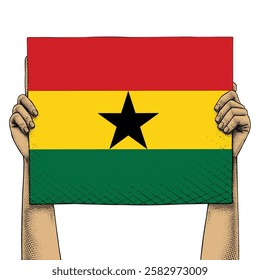 Hand Raises a Sign That Show Ghana Flag drawn in Engraving Technique