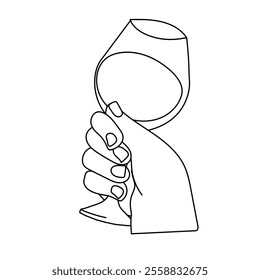 Hand raising a glass of wine or champagne for holiday celebration theme, celebratory toast and clinking glasses, line illustration. Human hands raising glasses with alcohol.