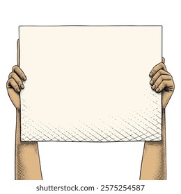 Hand raising a sign drawn using engraving technique