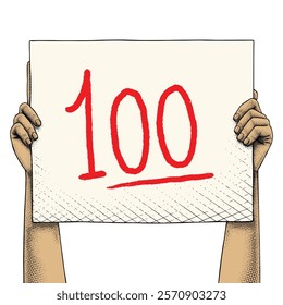 Hand raising a sign that says 100 drawn using engraving technique