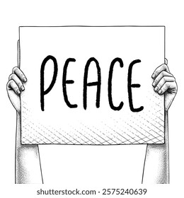 Hand raising a sign that says PEACE drawn using engraving technique