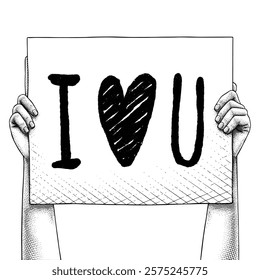 Hand raising a sign that says I LOVE YOU drawn using engraving technique