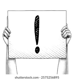 Hand raising a sign that says WARNING SYMBOL drawn using engraving technique
