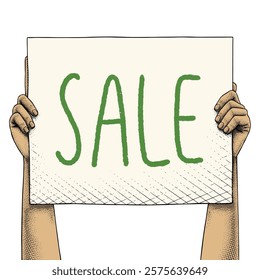 Hand raising a sign that says Sale drawn using engraving technique