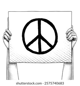 Hand raising a sign that says Peace Symbol drawn using engraving technique