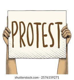 Hand raising a sign that says Protest drawn using engraving technique