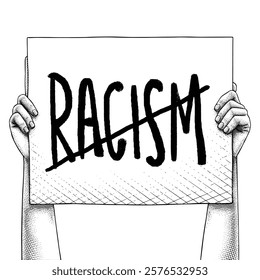 Hand raising a sign that says No Racism drawn using engraving technique