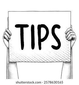 Hand raising a sign that says TIPS drawn using engraving technique