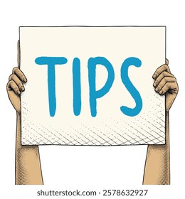 Hand raising a sign that says TIPS drawn using engraving technique