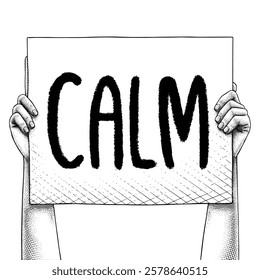 Hand raising a sign that says CALM drawn using engraving technique