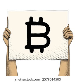 Hand raising a sign that says Bitcoin Icon using engraving technique