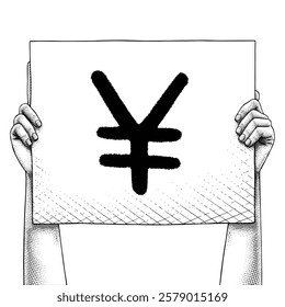 Hand raising a sign that says Yen Icon using engraving technique