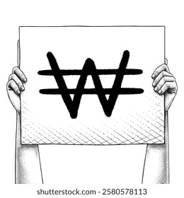 Hand raising a sign that says Won Icon