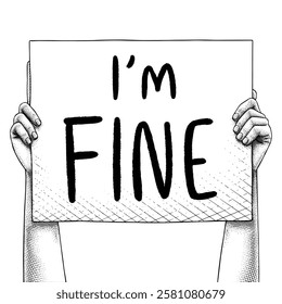 Hand raising a sign that says I'M FINE drawn using engraving technique