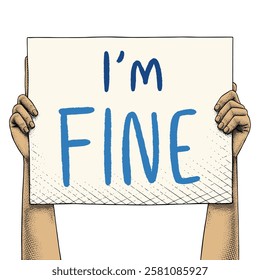 Hand raising a sign that says I'M FINE drawn using engraving technique