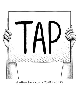 Hand raising a sign that says TAP drawn using engraving technique