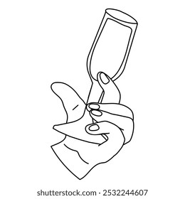 Hand raising wine glass. Holiday celebration, festive moment or sommelier symbol, line art vector illustration isolated on white background.