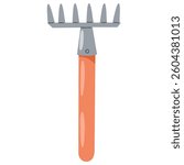 Hand rake flat vector hand drawn illustration on white background. Simple garden rake icon design with short plastic handle for agricultural farm theme