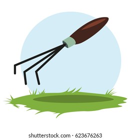 Hand rake. Garden tools and supplies for soil treatment. Vector cartoon illustration isolated on white background.