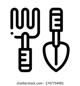 vector de icono de herramientas de rastrillo manual y pala. señalización de herramientas de rastrillo manual y pala. ilustración de símbolo de contorno aislado