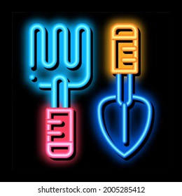hand rake and shovel tools neon light sign vector. Glowing bright icon hand rake and shovel tools sign. transparent symbol illustration