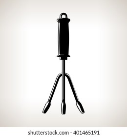 Hand Rake, Silhouette Hand Garden Fork on a Light  Background, Garden Equipment, Agricultural Tool , Black and White Vector Illustration