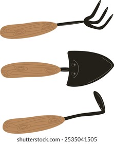 Hand Rake, Trowel, Weeder. Hand-drawn vector doodle image