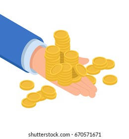 Hand rakes gold coins, heap of money, concept of rich and 
successful isometric flat vector illustration isolated on white background