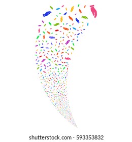 Hand random fireworks stream. Vector illustration style is flat bright multicolored iconic symbols on a white background. Object fountain constructed from scattered pictographs.