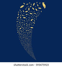Hand random fireworks stream. Vector illustration style is flat yellow iconic symbols on a blue background. Object fountain combined from scattered icons.